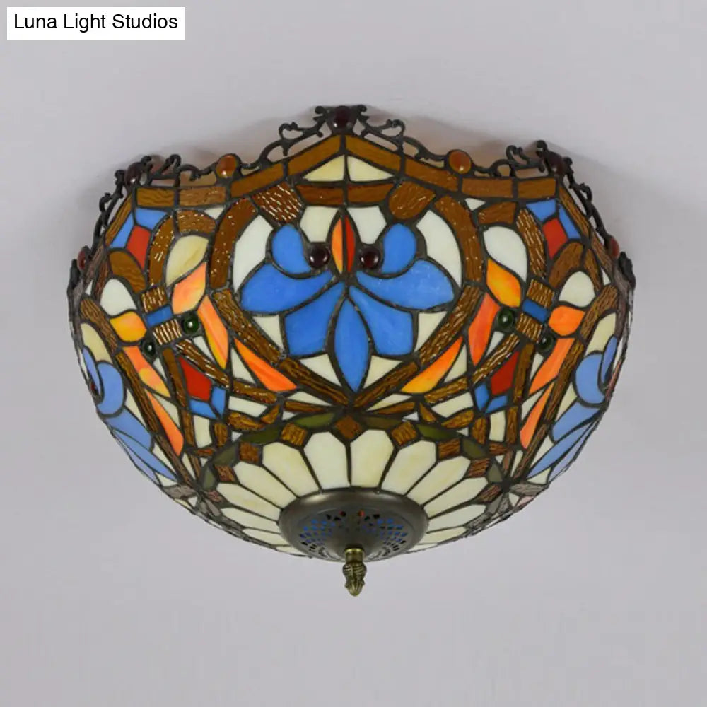 DecorBites™ DecorBites™ Blue Hand Cut Glass Ceiling Mount Light, Scalloped Baroque Design, 12"/16" Width, 2/3 Lights