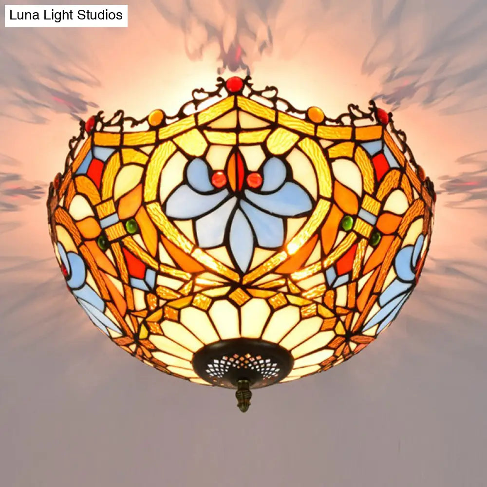 DecorBites™ DecorBites™ Blue Hand Cut Glass Ceiling Mount Light, Scalloped Baroque Design, 12"/16" Width, 2/3 Lights