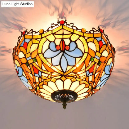 DecorBites™ DecorBites™ Blue Hand Cut Glass Ceiling Mount Light, Scalloped Baroque Design, 12"/16" Width, 2/3 Lights