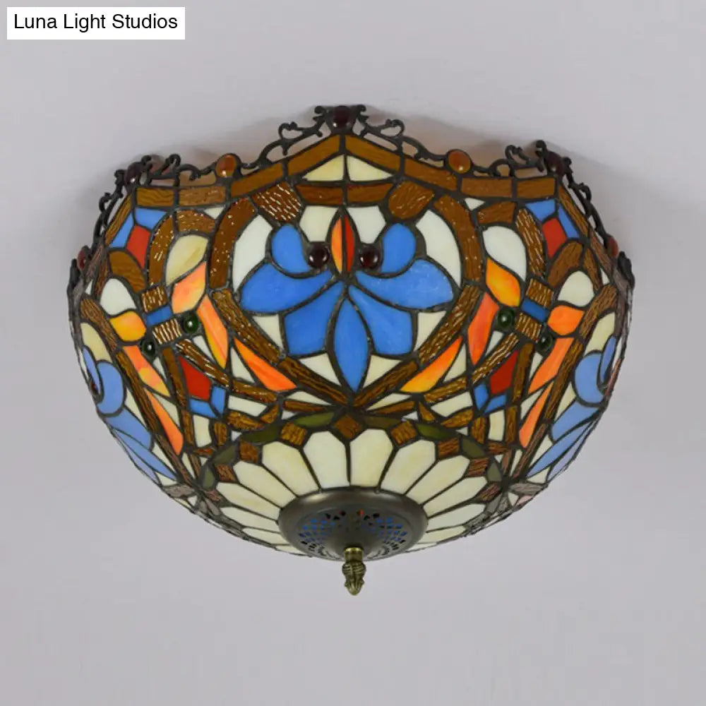 DecorBites™ DecorBites™ Blue Hand Cut Glass Ceiling Mount Light, Scalloped Baroque Design, 12"/16" Width, 2/3 Lights