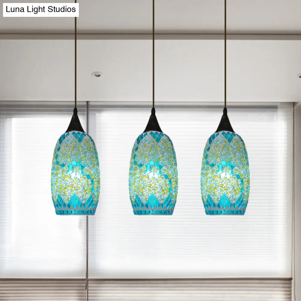 Blue Hand-Cut Glass Elliptical Pendant Tiffany Light Fixture - 3 Heads, Black Multi Design