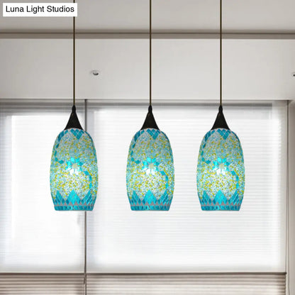 Blue Hand-Cut Glass Elliptical Pendant Tiffany Light Fixture - 3 Heads, Black Multi Design