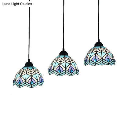 Blue Hand-Cut Glass Pendant Light with Mediterranean Charm - 3 Head Hemisphere Cluster, Round/Linear Canopy