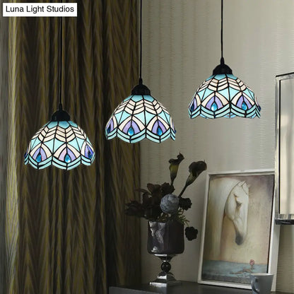 Blue Hand-Cut Glass Pendant Light with Mediterranean Charm - 3 Head Hemisphere Cluster, Round/Linear Canopy