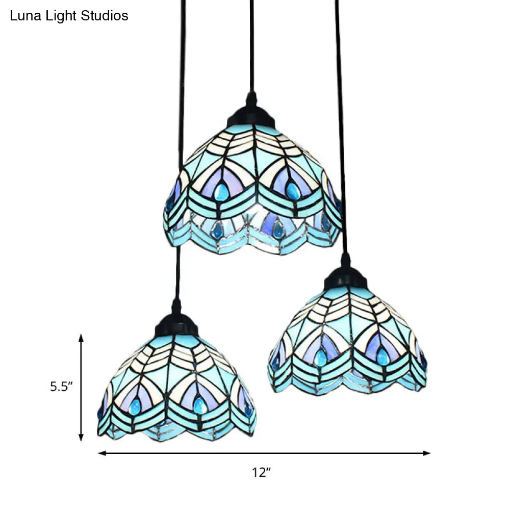 Blue Hand-Cut Glass Pendant Light with Mediterranean Charm - 3 Head Hemisphere Cluster, Round/Linear Canopy