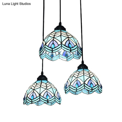 Blue Hand-Cut Glass Pendant Light with Mediterranean Charm - 3 Head Hemisphere Cluster, Round/Linear Canopy