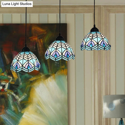 Blue Hand-Cut Glass Pendant Light with Mediterranean Charm - 3 Head Hemisphere Cluster, Round/Linear Canopy