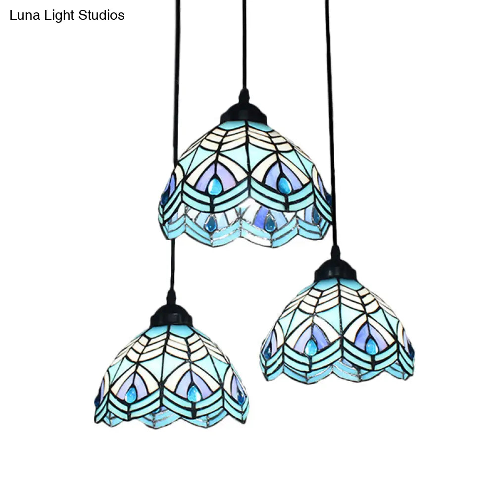 Blue Hand-Cut Glass Pendant Light with Mediterranean Charm - 3 Head Hemisphere Cluster, Round/Linear Canopy