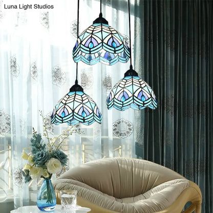 Blue Hand-Cut Glass Pendant Light with Mediterranean Charm - 3 Head Hemisphere Cluster, Round/Linear Canopy