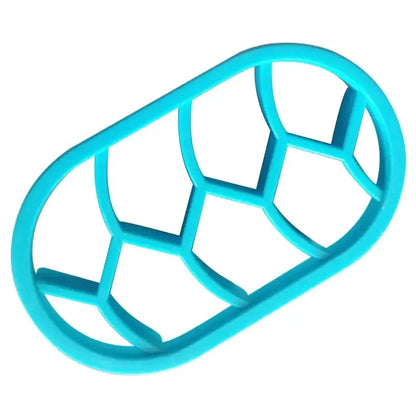 A bright turquoise silicone baking tool shaped like a peanut with a hexagonal grid for oval bread molds