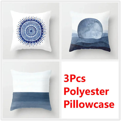 Set of three polyester ink flower cushion pillowcases with blue ink flower decor featuring mandala and ocean wave designs