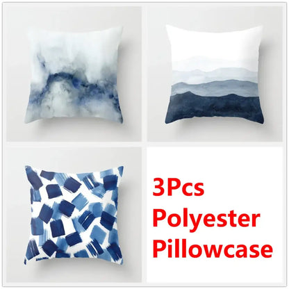 Set of three polyester pillowcases with abstract blue ink flower watercolor design for living room decorbites decor