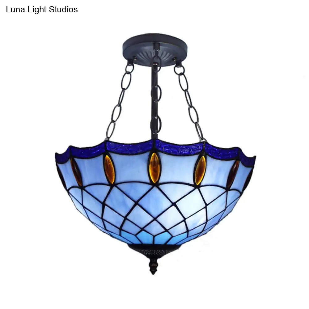 Blue Jeweled Ceiling Light: Bedroom Semi Flush Mount with Art Glass Shade, 2 Lights & Chain