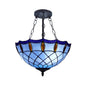 Blue Jeweled Ceiling Light: Bedroom Semi Flush Mount with Art Glass Shade, 2 Lights & Chain