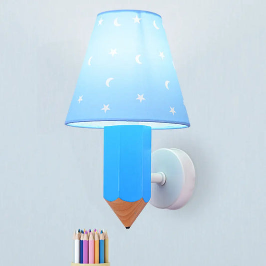 Blue Kids Pencil Wooden Wall Sconce with Conic Lamp Shade - Single-Bulb Light Fixture