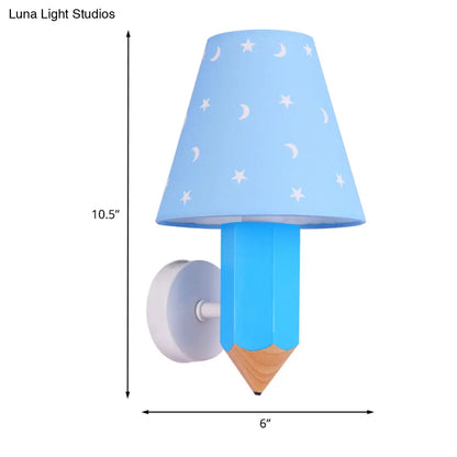 Blue Kids Pencil Wooden Wall Sconce with Conic Lamp Shade - Single-Bulb Light Fixture