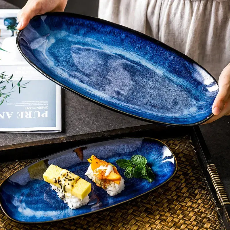 Elegant oval ceramic sushi plate with decorbites blue kiln glazed gradient blue crackle texture serving platter