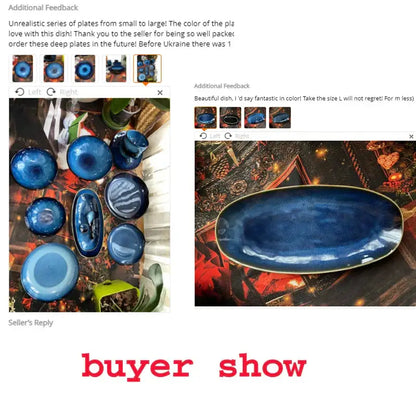 Deep blue gloss ceramic sushi plate with gold trim decorbites blue kiln glazed oval serving platter
