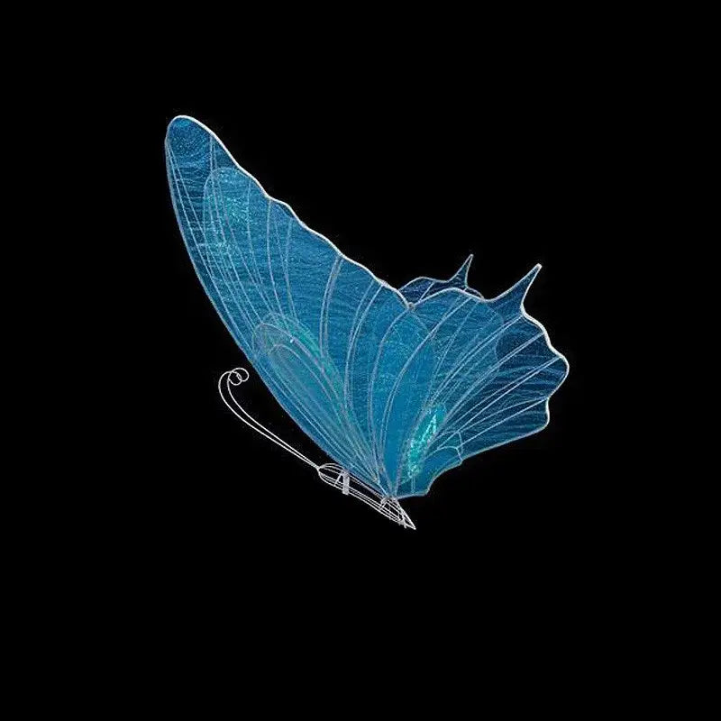 A translucent blue lace led butterfly sculpture with delicate wireframe and metallic silver body for bedroom decorbites decor