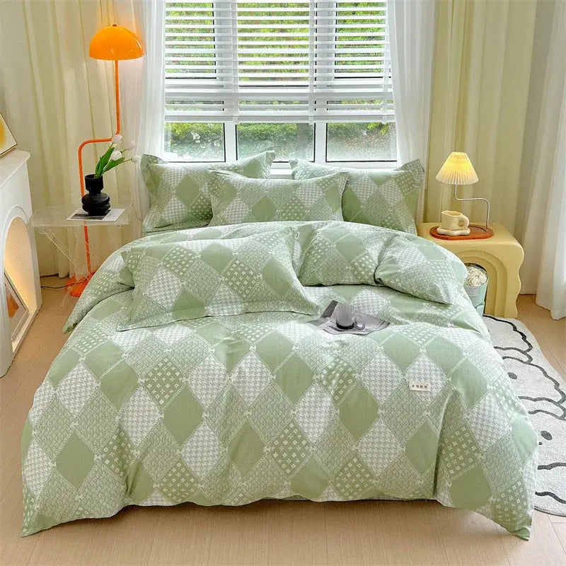 Blue lavender and cream decorbites cotton stripe comforter cover featuring mint green white diamond pattern fabric finish