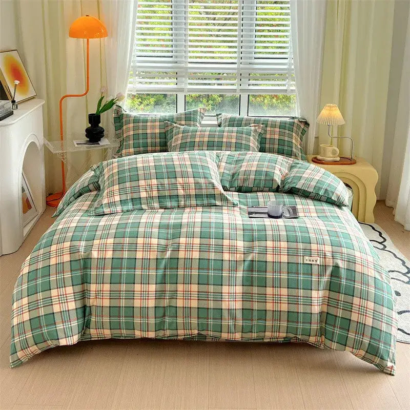 Green and cream plaid decorbites cotton stripe comforter cover with soft textured fabric for bedroom use