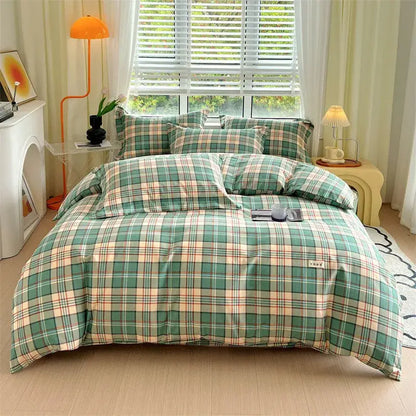Green and cream plaid decorbites cotton stripe comforter cover with soft textured fabric for bedroom use