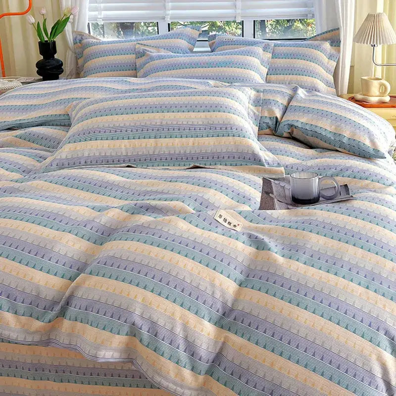 Blue lavender and cream pastel-striped cotton stripe comforter cover with soft wavy bands for bedroom decorbites cotton stripe set