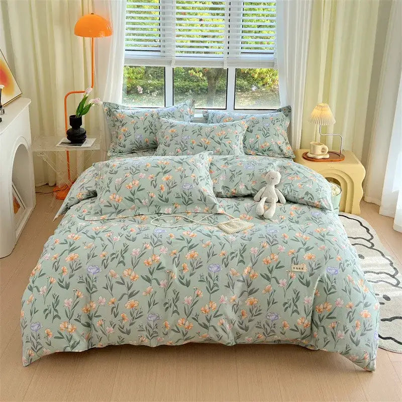 Pastel green floral decorbites cotton stripe comforter cover with peach and lavender blossoms on soft cotton fabric