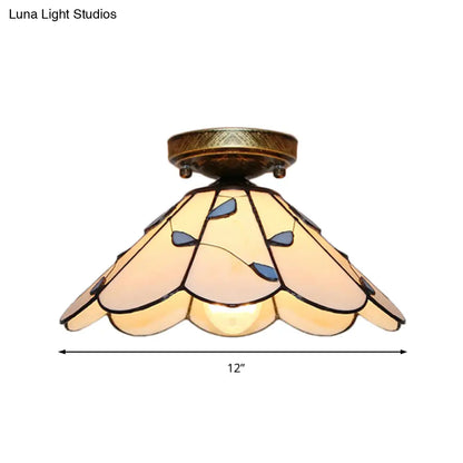 DecorBites™ DecorBites™ Blue Leaf Lodge Style Indoor Flush Mount Ceiling Light - Stained Glass, White/Clear - for Bedroom