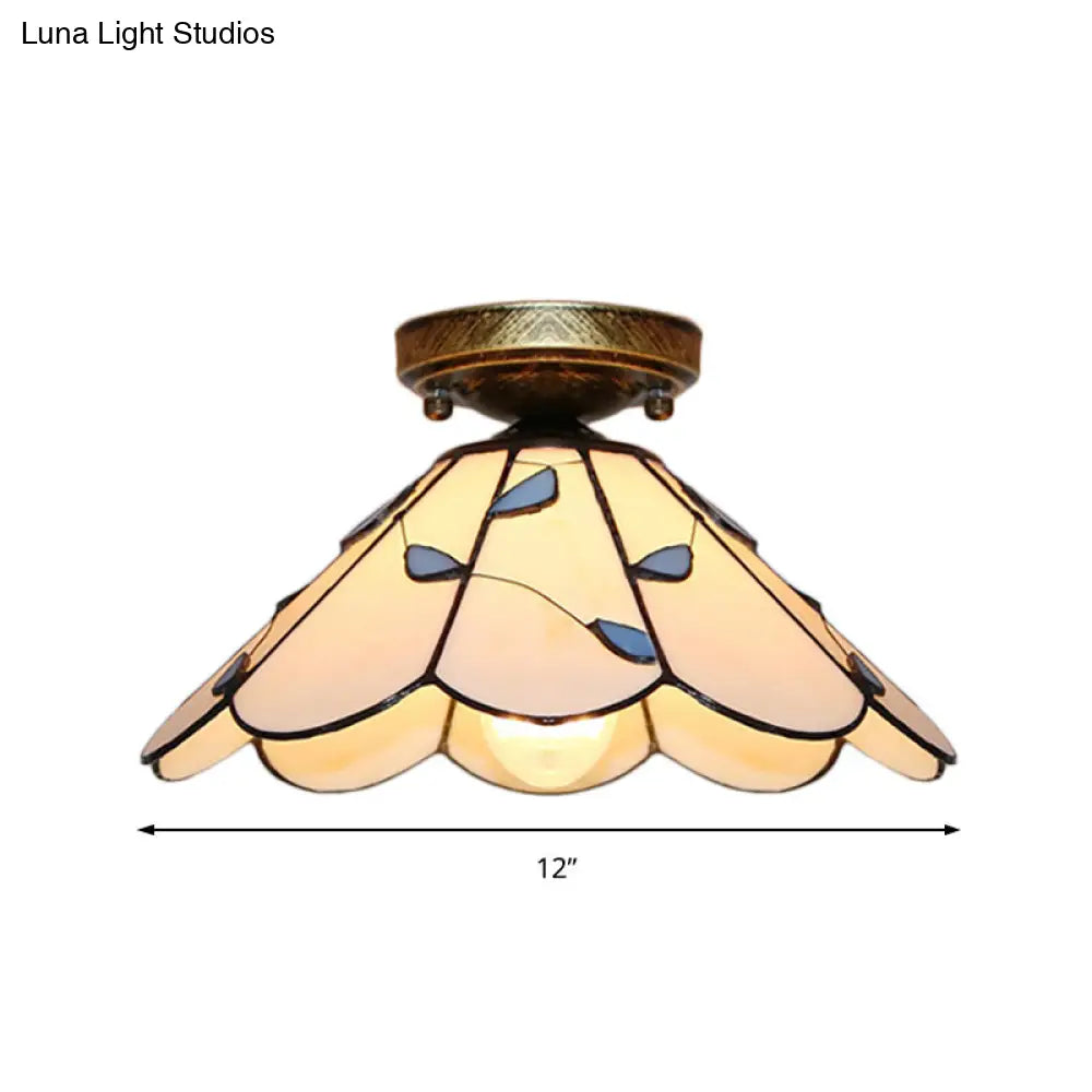 DecorBites™ DecorBites™ Blue Leaf Lodge Style Indoor Flush Mount Ceiling Light - Stained Glass, White/Clear - for Bedroom