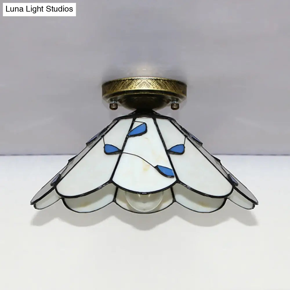 DecorBites™ DecorBites™ Blue Leaf Lodge Style Indoor Flush Mount Ceiling Light - Stained Glass, White/Clear - for Bedroom
