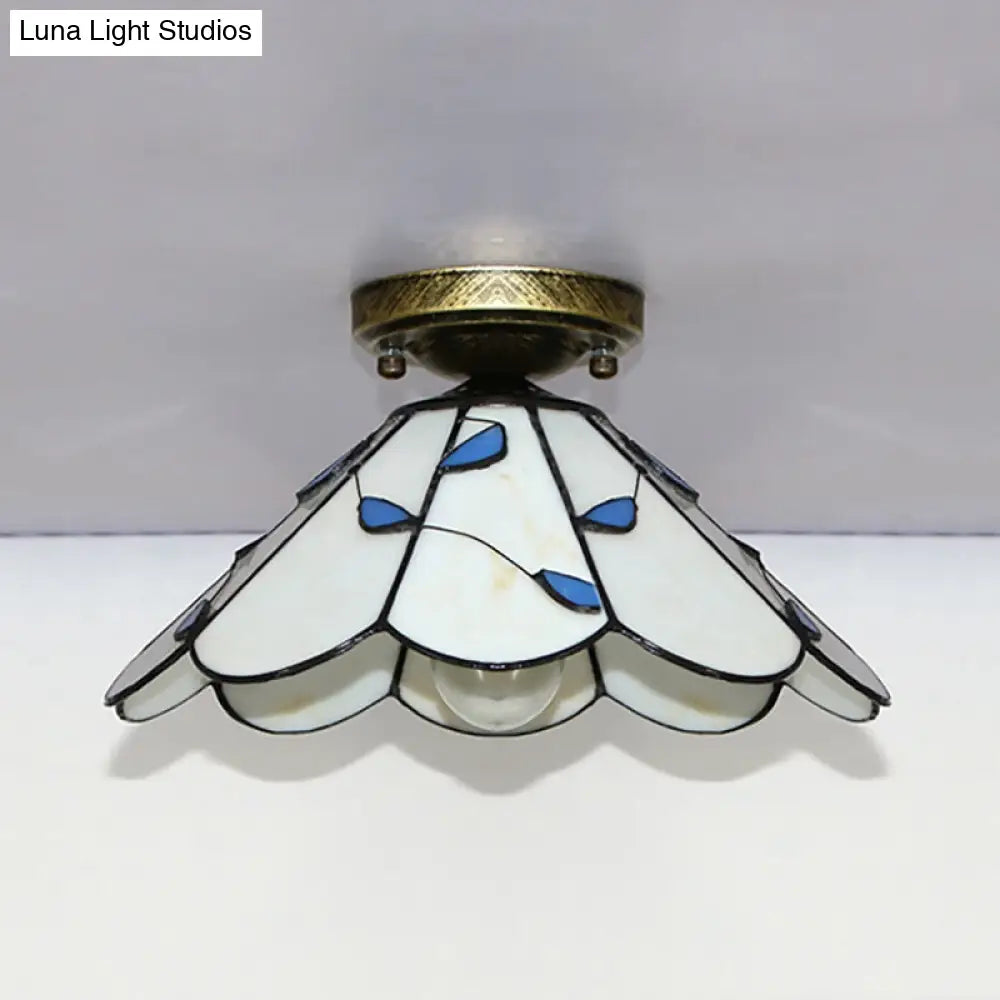 DecorBites™ DecorBites™ Blue Leaf Lodge Style Indoor Flush Mount Ceiling Light - Stained Glass, White/Clear - for Bedroom