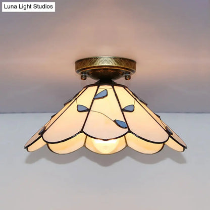 DecorBites™ DecorBites™ Blue Leaf Lodge Style Indoor Flush Mount Ceiling Light - Stained Glass, White/Clear - for Bedroom