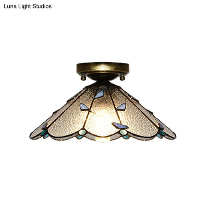 DecorBites™ DecorBites™ Blue Leaf Lodge Style Indoor Flush Mount Ceiling Light - Stained Glass, White/Clear - for Bedroom