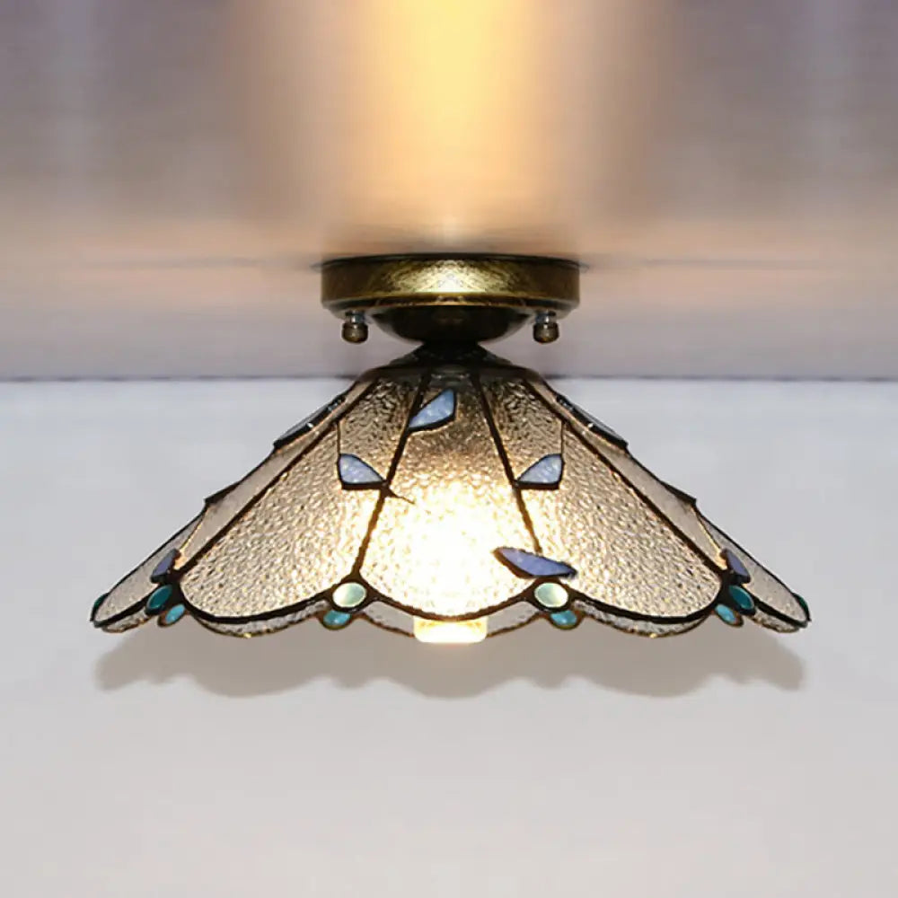 DecorBites™ DecorBites™ Blue Leaf Lodge Style Indoor Flush Mount Ceiling Light - Stained Glass, White/Clear - for Bedroom