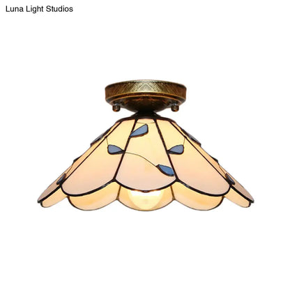DecorBites™ DecorBites™ Blue Leaf Lodge Style Indoor Flush Mount Ceiling Light - Stained Glass, White/Clear - for Bedroom