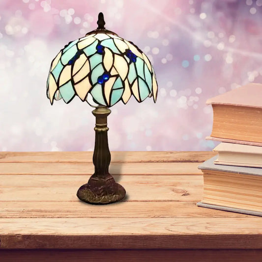 Blue Leaf Tiffany Stained Glass Table Light for Bedroom with Dome Shade - Standing Lamp with 1 Bulb