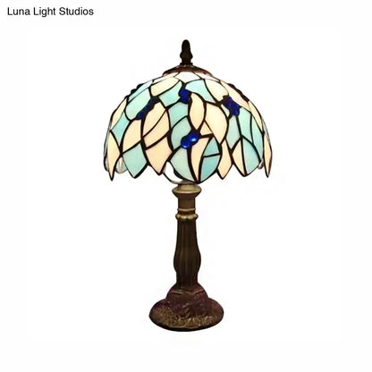 Blue Leaf Tiffany Stained Glass Table Light for Bedroom with Dome Shade - Standing Lamp with 1 Bulb