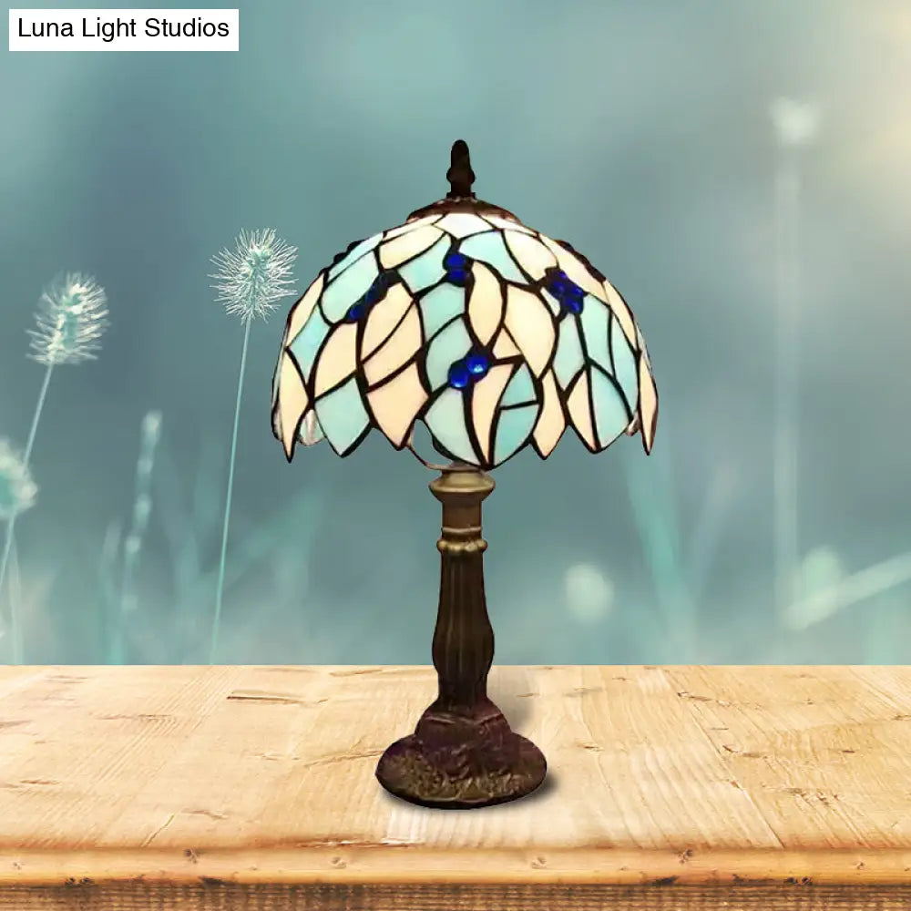 Blue Leaf Tiffany Stained Glass Table Light for Bedroom with Dome Shade - Standing Lamp with 1 Bulb