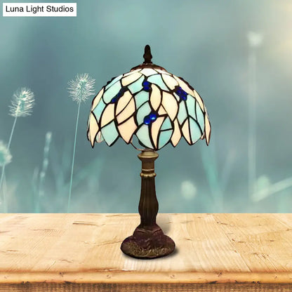 Blue Leaf Tiffany Stained Glass Table Light for Bedroom with Dome Shade - Standing Lamp with 1 Bulb