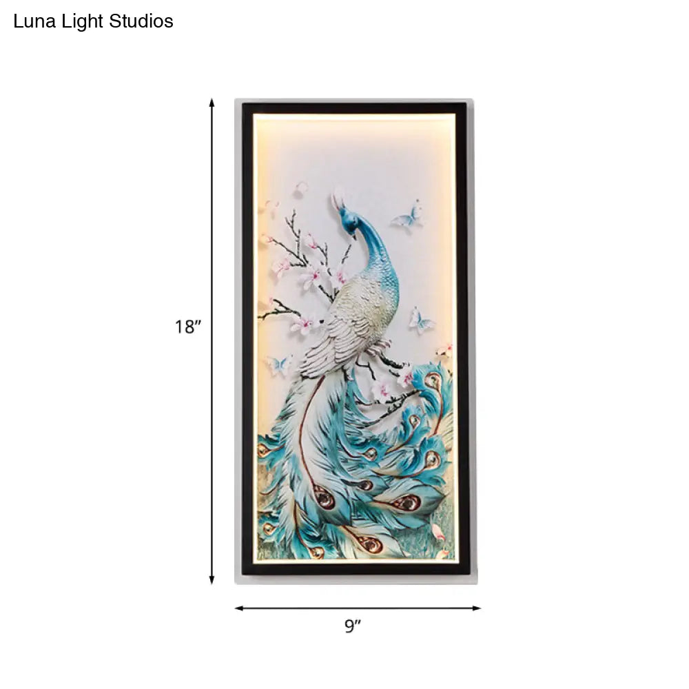 Blue LED Peacock Mural Wall Light with Aluminum Asian Design