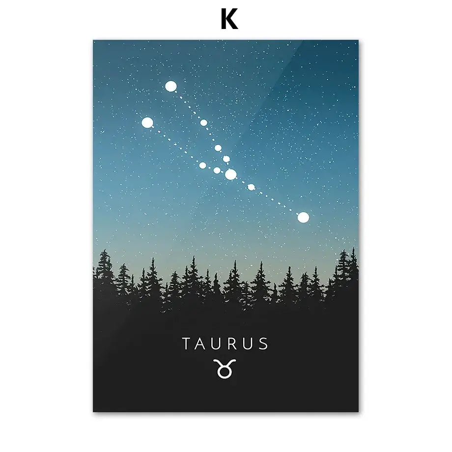 Minimalist taurus constellation canvas art with white stars and blue gradient sky for decorbites leo cancer zodiac prints