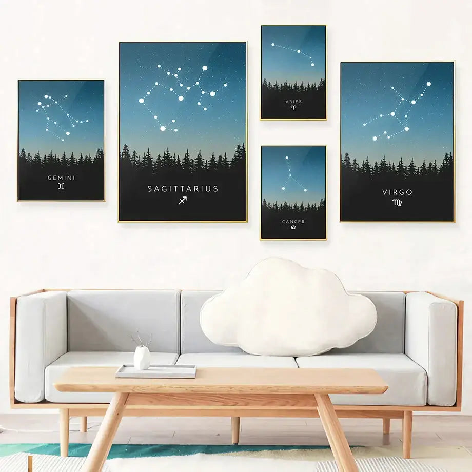 Set of five leo cancer zodiac canvas art with white star trails on blue gradient sky in gold decorbites frames