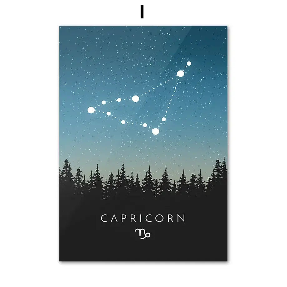 Capricorn constellation canvas art with white stars on blue gradient sky above dark trees for leo cancer zodiac decorbites