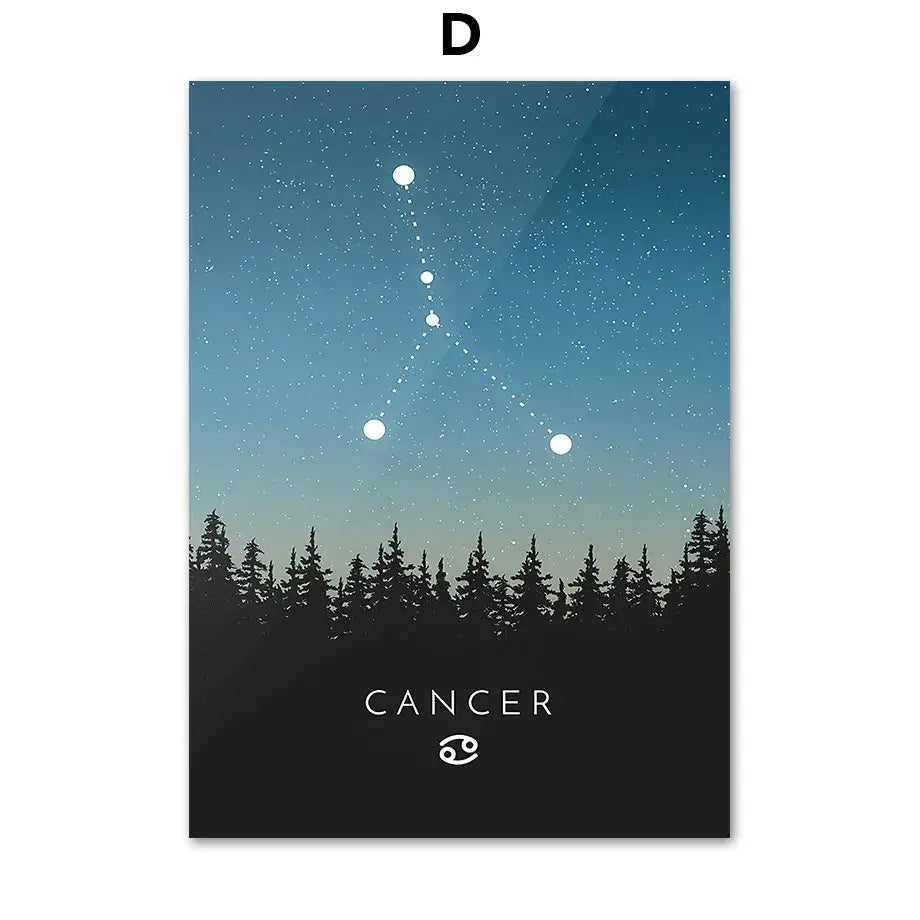 A sleek black rectangular canvas art featuring the cancer constellation with leo cancer zodiac decorbites design