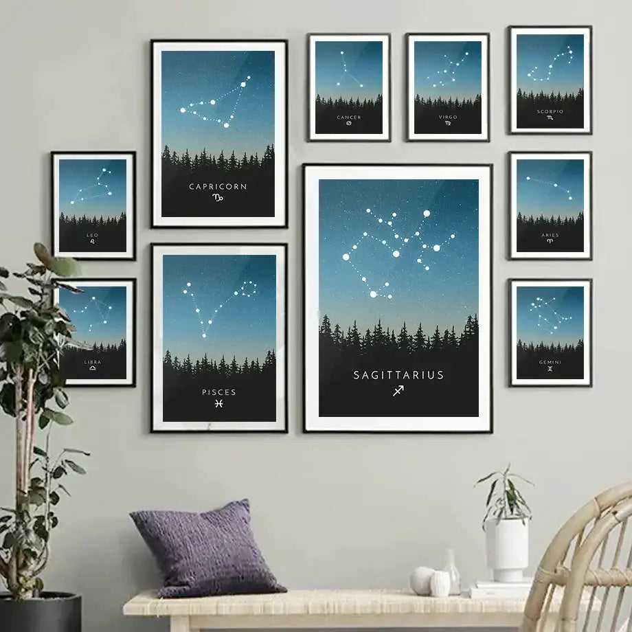 A set of blue leo cancer zodiac canvas art featuring white star constellations in sleek black frames for kids room decorbites leo cancer