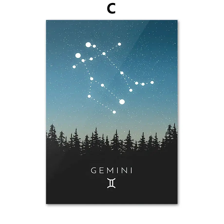 Blue leo cancer zodiac canvas art featuring gemini constellation with gradient blue sky and silhouetted trees decorbites leo cancer decor