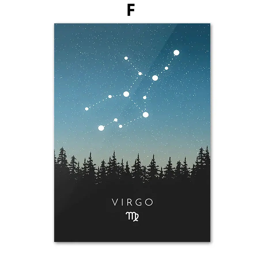 Blue leo cancer zodiac canvas art set featuring a sleek virgo constellation poster with pine tree night sky decorbites design