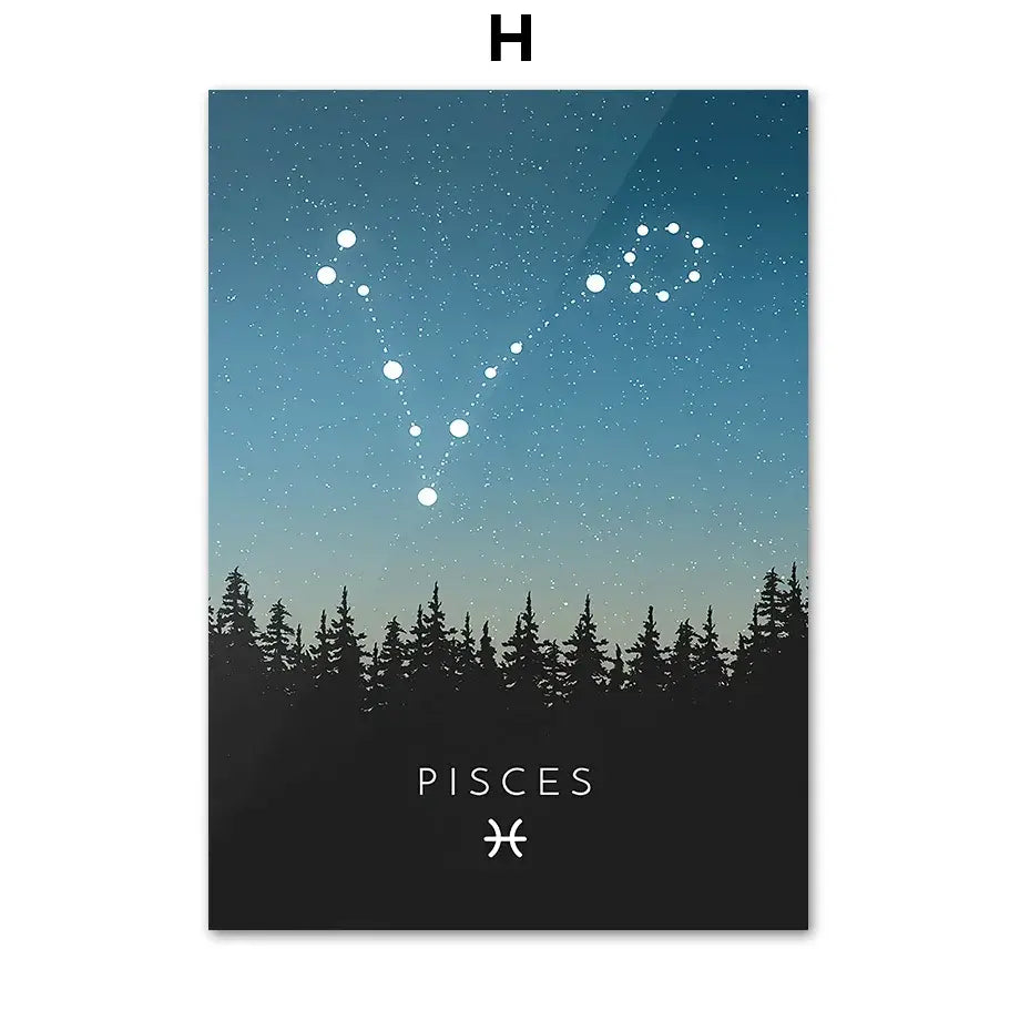 A sleek pisces constellation canvas art with white dots on a gradient night sky for decorbites leo cancer zodiac set