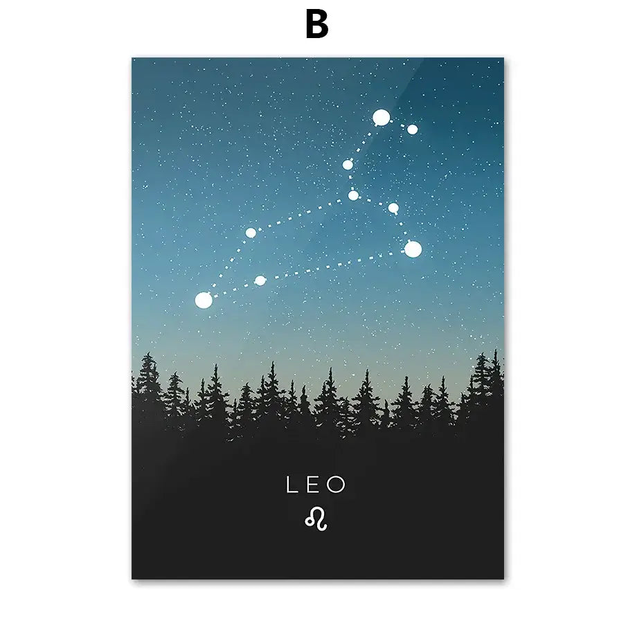 Blue leo cancer zodiac canvas art featuring sleek constellation design with pine trees for kids room decorbites leo cancer